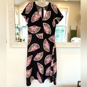 NWT Ann Taylor Short Sleeve Midi Dress - Black, Pink, Purple, Gold Fan Design 8